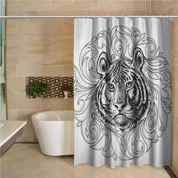 

Tiger Waterproof and Colorful Shower Curtain Black and White Abstract Design Large Feline Head Sticking Out from Bundle of