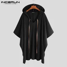 INCERUN, модный Мужской плащ, пальто с капюшоном, однотонный цвет, накидка, пончо,, свободный v-образный вырез, уличная одежда, пальто, неровный, мужской длинный Тренч, S-5XL