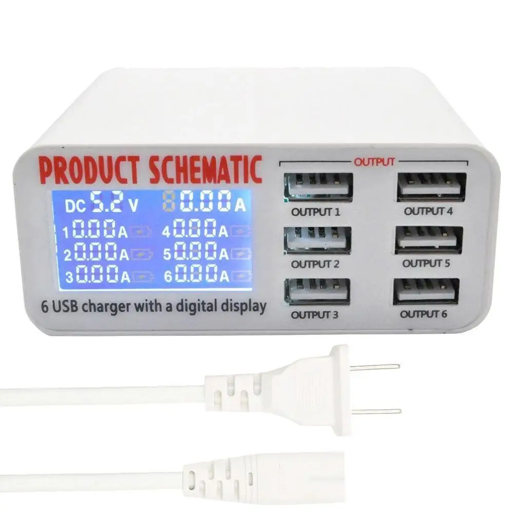 USB3.0 Charge 6 Ports 6A Smart USB Charger Adapter QC3.0 USB Hub USB Hub Charger Dock Station with LCD Display Auto Detect