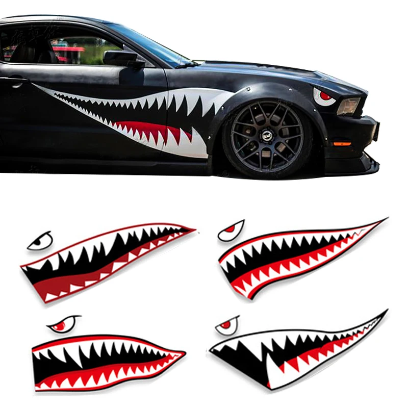 

Pair Sticker Car Moto Tuning Flying Big Mouth Teeth Airplane Shark Graphics Plane fighter Tigers Vinyl Auto Stickers Decal Wrap