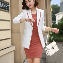 Женская офисная одежда, блейзеры с куртками и платьем, формальные офисные стили, Осень-зима, Деловые женские профессиональные блейзеры, набор