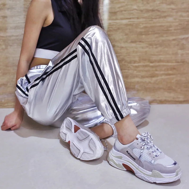 

Fashion Autumn Winter Striped Casual Sweatpants Silver Dancing Women Pants High Waist Hip Hop Trousers Female Loose Pants 2019