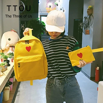 

Preppy Style Canvas Backpack High Quality Heart Printed Laptop Backpack School Bag for Teens Travel Bag With Mini Cosmetic Bag