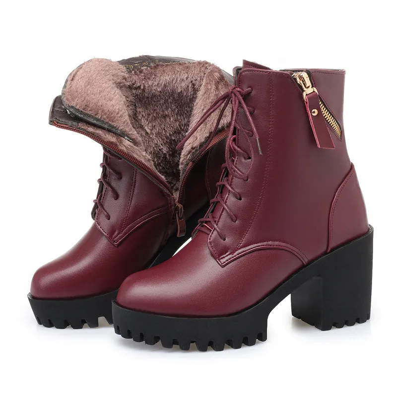 MoonMeek/Большие размеры 34-42; модные зимние ботинки из натуральной кожи; женские ботильоны на шнуровке; теплые зимние ботинки из овечьей шерсти на молнии
