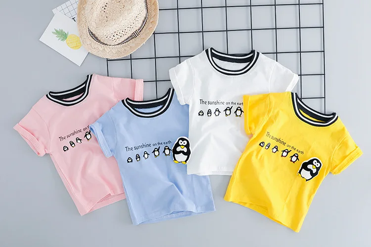 Infant Baby Girl Boys Summer Clothes Active Penguin T shirt Top & Kahki Shorts Set for Toddler Kids 100% cotton Clothing Outwear (4)