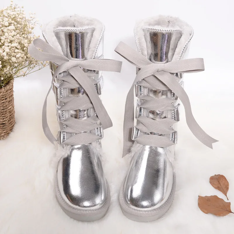 Womens Shoes Snow-Boots Winter Waterproof Genuine-Leather Lace-Up Plush Thick