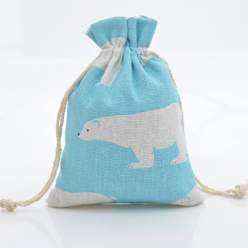Blue Polar bear 10 шт., 10*14 см, с принтом, хлопок, лен, пачка, карман, с рисунком, на шнурке, сумка из мешковины, для конфет, ювелирных изделий, орехов, печенья, вечерние сумки, сувениры - Цвет: Blue Polar bear