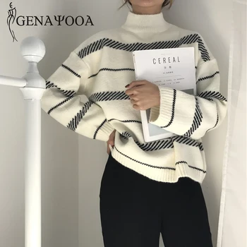 

Genayooa Elegant Cashmere Sweater Women Loose Pullovers Striped Sweater Turtleneck Casual Ladies Knit Jumpers Winter Fashion