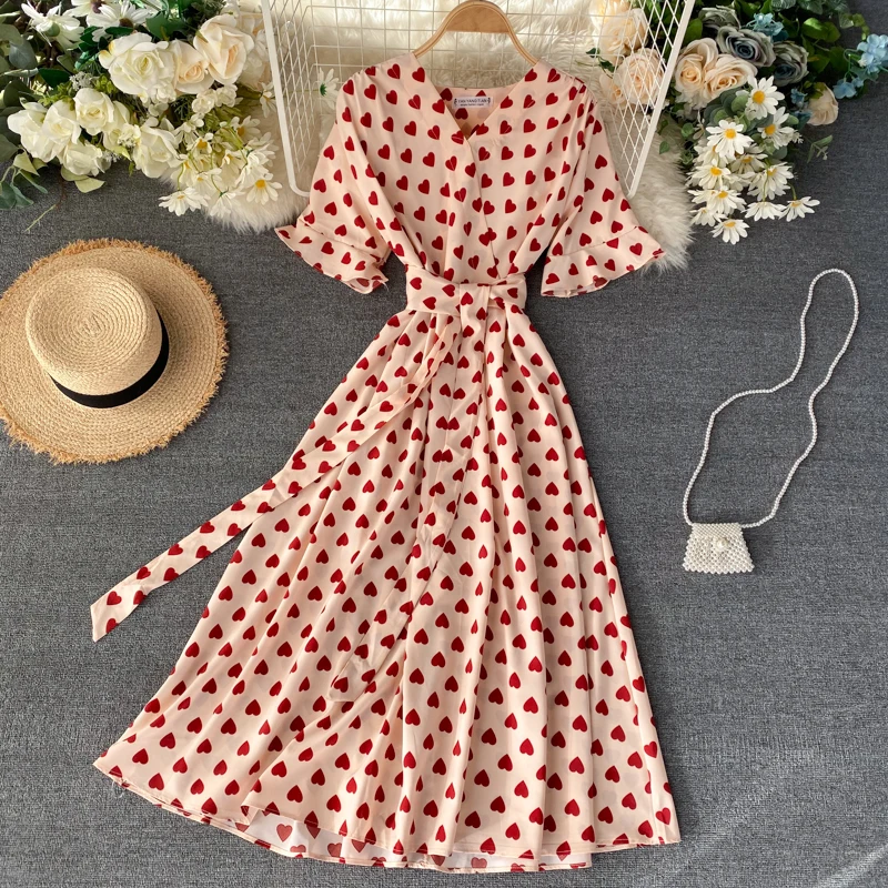 Slim 2020 Vintage Love Heart Print V Neck Bandage Dress Summer Midi Long Party Women high waist Vestido de festa elegant dress