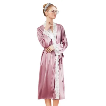 

Casual Loose Satin Silk Long Wedding Bride Bridesmaid Robe Kimono Robe Ladies Silk-like Lace Edge Nightgown Home Wear Clothes