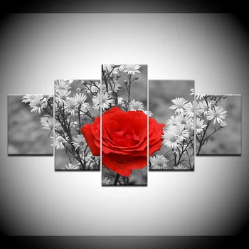 

Wall Art Canvas Picture Painting 5 Panels Red Rose Framed Paintings Modern Modular Living Room Decorative Painting Artwork