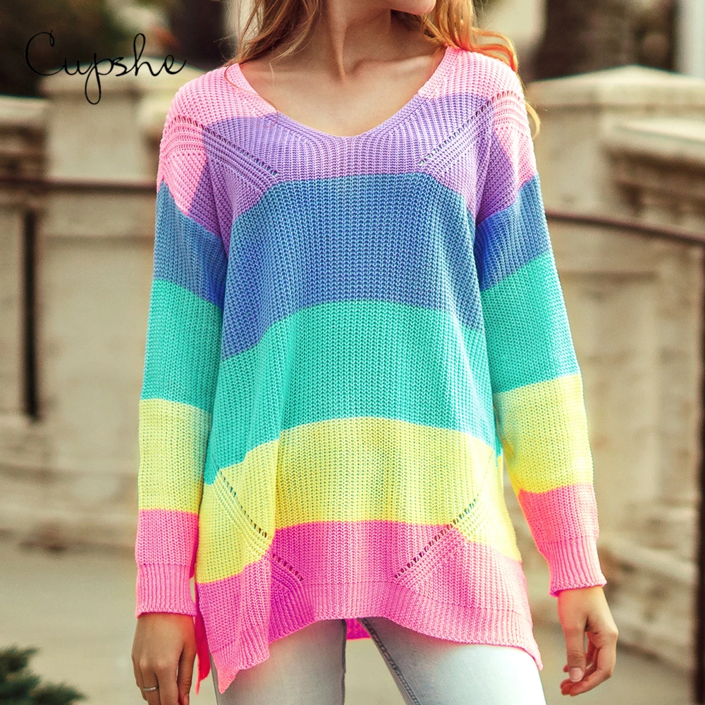 CUPSHE Радужный цветной свободный негабаритный свитер женский Повседневный