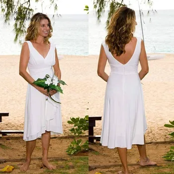 

Cheap White Beach Wedding Dress Short Sexy V Neck Chiffon Backless Boho Wedding Dresses 2019 Knee Length Sleeveless Bride Gowns