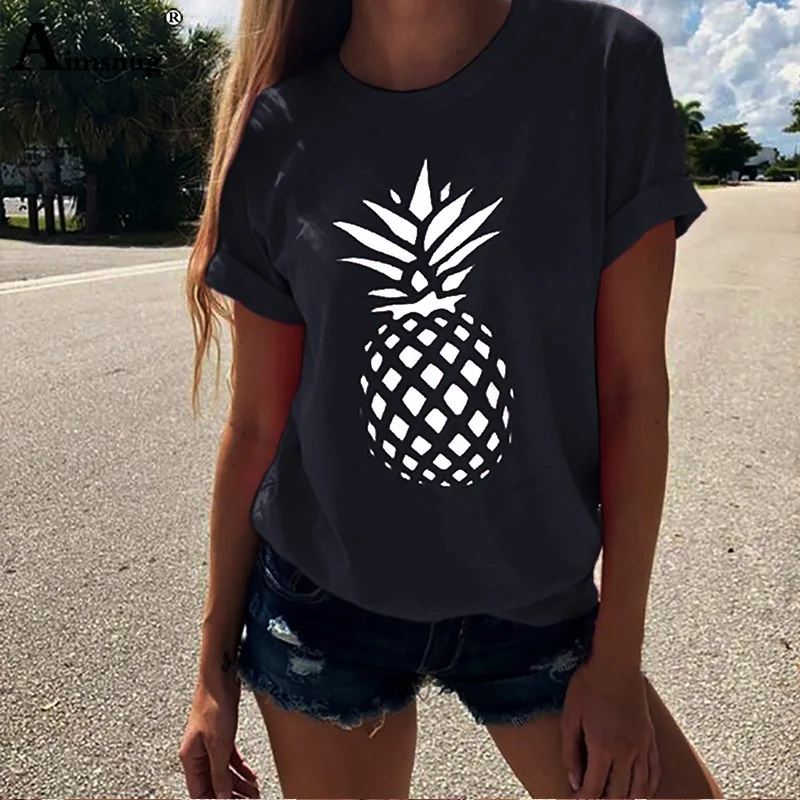 

Plus size 4xl 5xl Women T-Shirt Loose Casual Girl Cute Tee Shirt 2020 New Summer Short Sleeve Pineapple Print Black Blue Tops