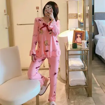 

Fashion Cute Cartoon Print Large Size Casual Suit Home Service Ruffled Bow Long-sleeved Shirt + Trousers