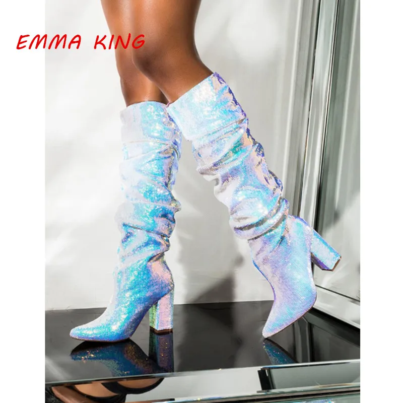 

Winter Glittering Sequin Chunky Heels Long Boots Women 2020 Pointed Toe High Heels Knee High Boots Pleated Design Slip-On Boots