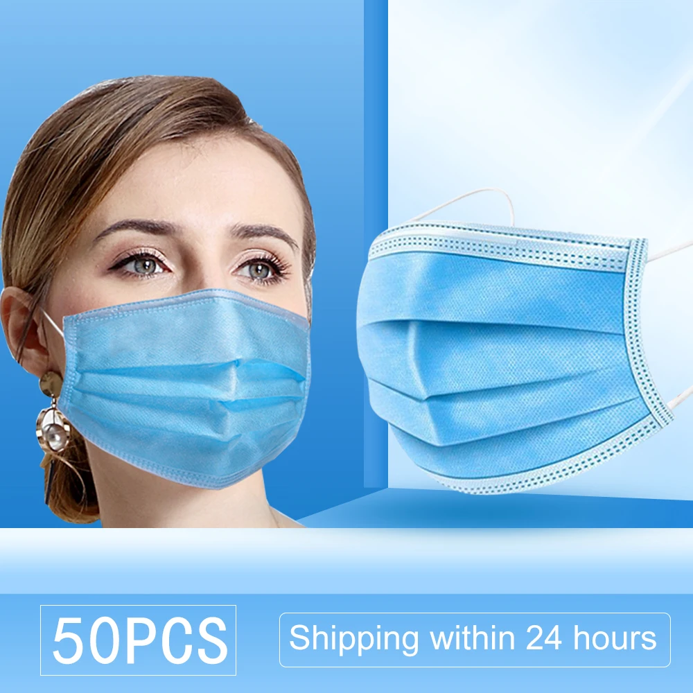 

50 pcs/bag Disposable Profession Protective Mask 3-Ply Nonwoven Facial Cover Dust Soft Masks Anti Bacterial Virus Safety Mask