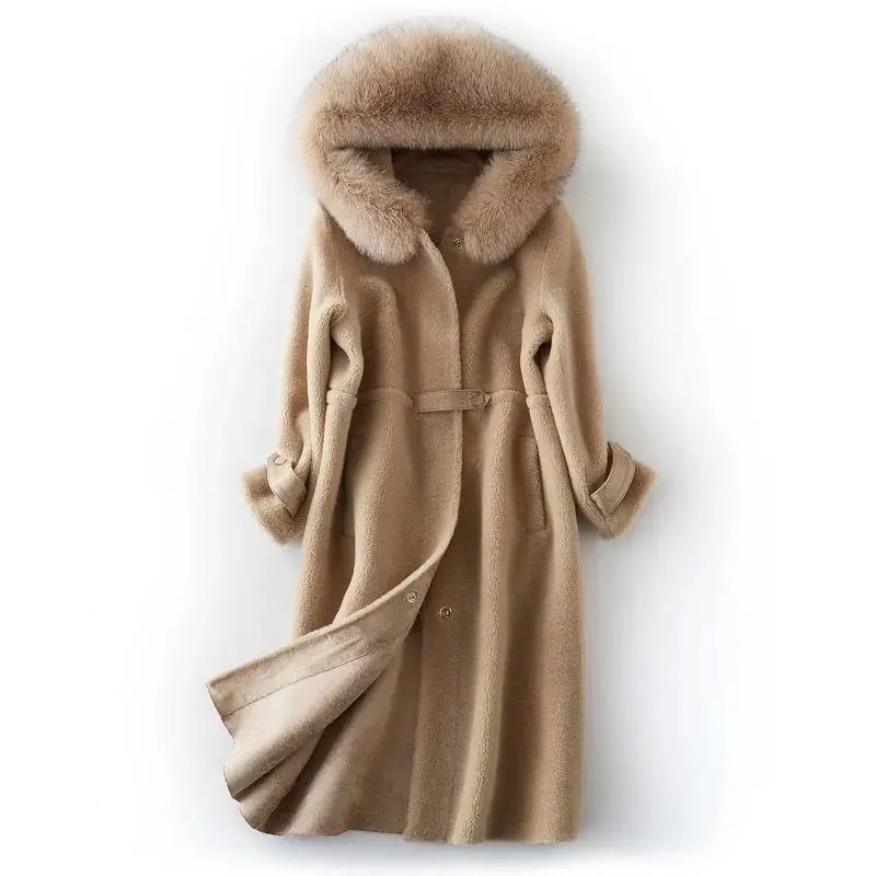 

Women Winter 100% Real Sheep Fur Coat Long Sheep Shearling Overcoat With Genuine Fox Fur Collar Hooded Natural Wool Jacket N109