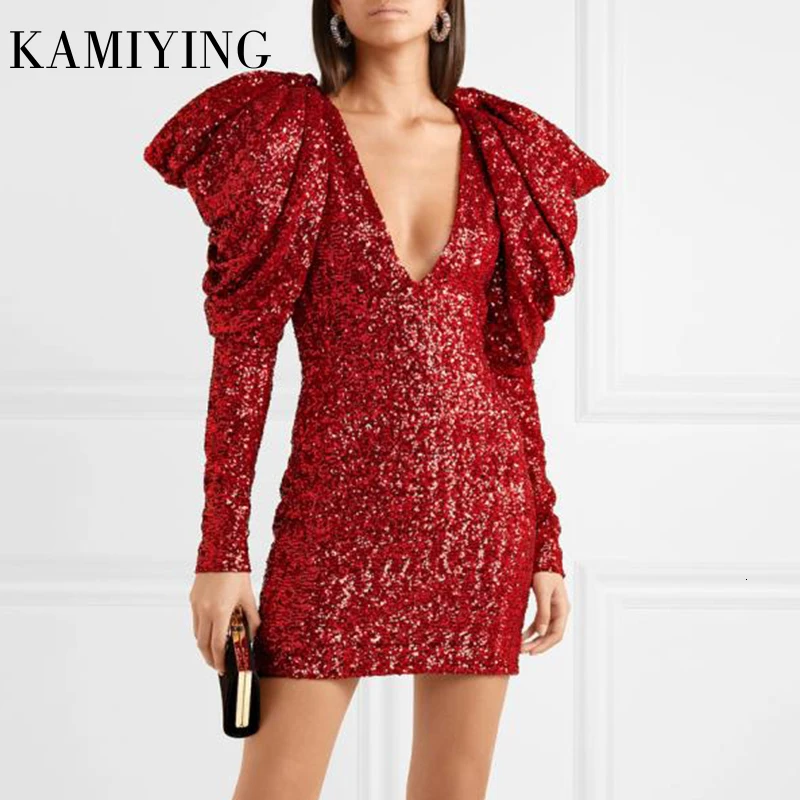 

Autumn Fashion Sequined Ruched Dresses Women V Neck Ruffles Puff Sleeve High Waist Tunic Dress Vestidos