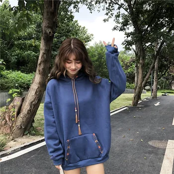 

Hoodies Women Winter Plus Velvet Drawstring Hooded Loose Simple Student Womens Pullovers Harajuku Vintage All-match Pockets Chic