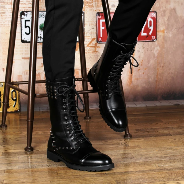 men's fashion party nightclub dress high boots black genuine leather shoes  lace-up cowboy platform boot