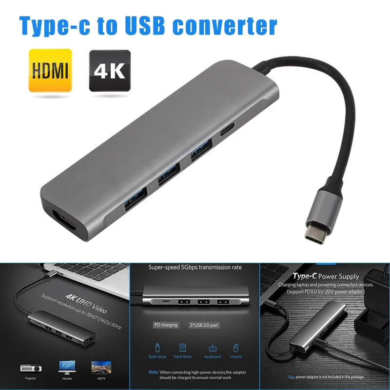 

Type C To HDMI VGA Adapter Hub with 3 USB 3.0 PD Converter for Macbook SD998