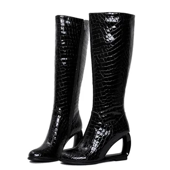 

2020 Winter Western Style Wedges High-Heeled Full Cowhide Women Boots Genuine Leather Black High-Tube Shoes Warm Velvet Heel 8cm
