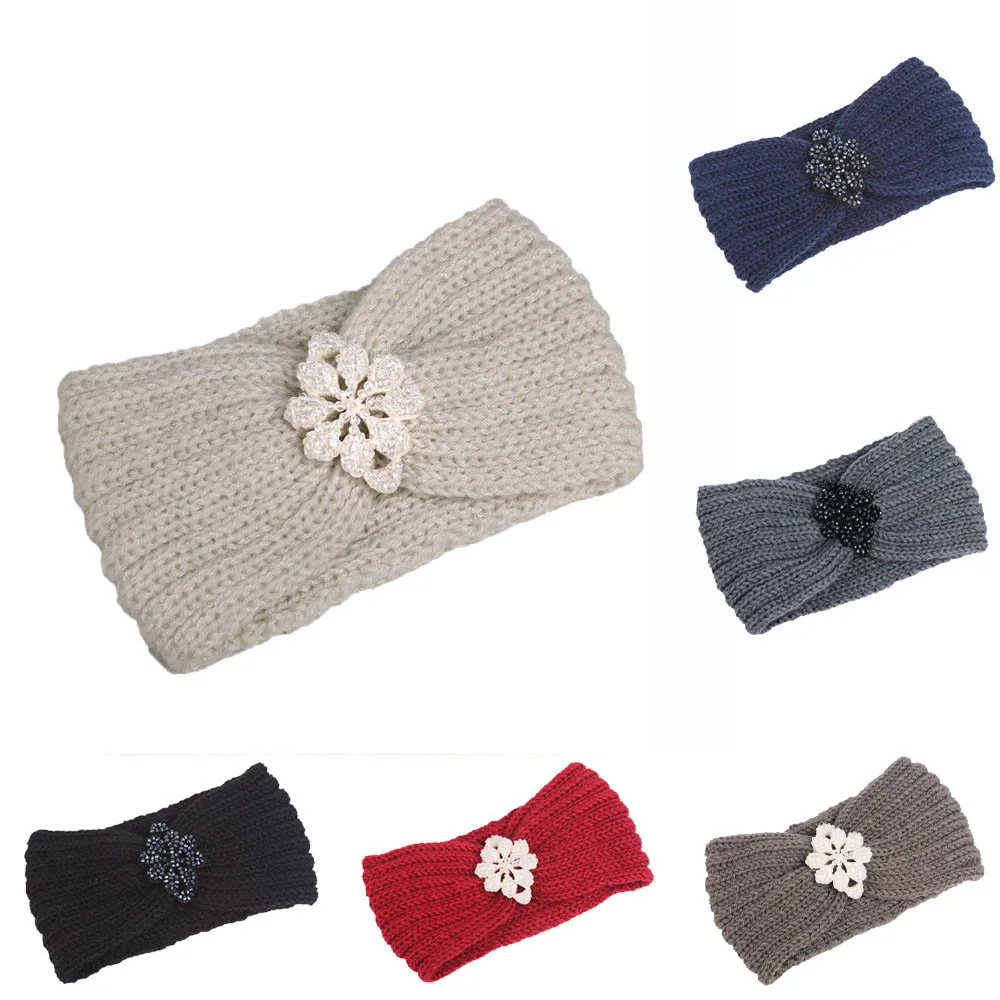 1Pcs Women Knitted Headbands Winter Warmer Ear Knitted Hair Accessories Crochet Wide Pearl Headwrap Headdress Turban Hairband