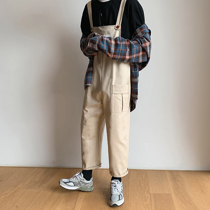 2020 New Fashion Men's Bib Overalls Loose Pant Solid Color Casual Korean Style Man Black Khaki Jumpsuits Rompers Ankle-Length