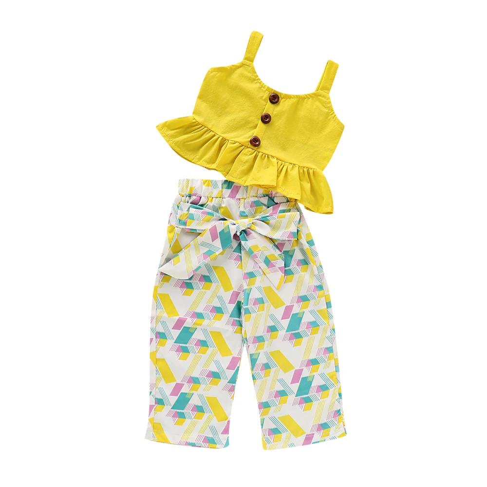 Комплект одежды для девочек 1-6 лет, хлопчатобумажный декор, желтый укороченный топ+ длинные штаны в полоску, штаны, летняя одежда из 2 предметов