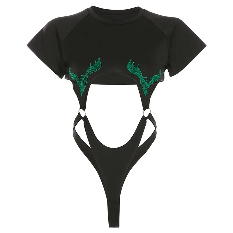 Black Cut Out Sexy Beach Jumpsuit Summer Rave Clothes Short Sleeve Floral Embroidery Backless Gothic Bodysuit Women