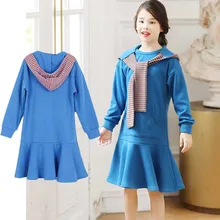 Хлопковое платье с длинными рукавами для девочек-подростков; сезон осень-весна; Модные осенние платья для девочек; синее Повседневное платье