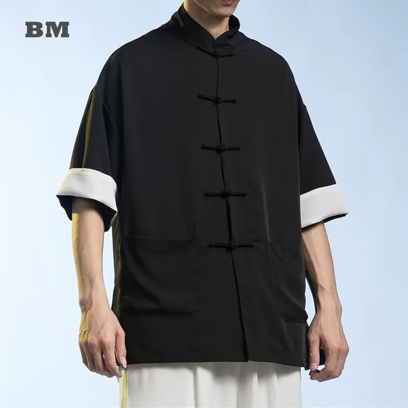 

Chinese Traditional Costumes Buttoned Stand Collar Shirt Summer Thin Casual Loose Plus Size Tang Suit Men Clothing Couple Tops