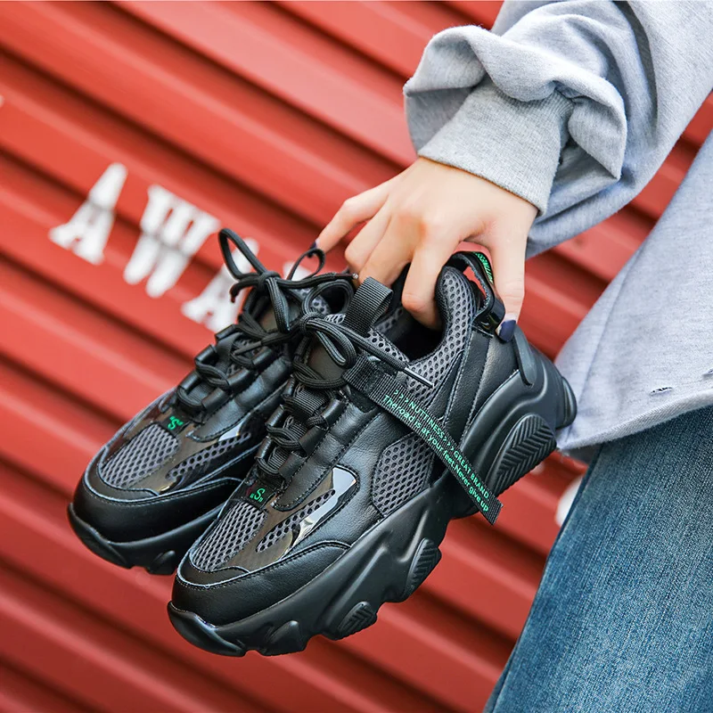 

Light Sneakers Woman 2019 Early Autumn Flange Dad All-match Shoes Casual Shoes Genuine Leather Small Black Shoes