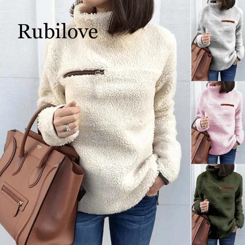 Rubilove для женщин Кофты Осень Зима Топ с длинным рукавом плюшевый теплый пуловер Туника женская одежда на молнии уличная