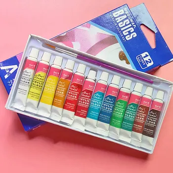 

Acrylic Paint 12 Colors 6ml Set With Brush Art Supplies Clay Dyeing DIY Handmade Coloring Watercolor Set Hand Wall Painting