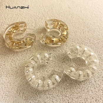 

HUANZHI 2020 New Korea Transparent Acrylic Hoop Earrings Geometric C-shaped Asymmetric Star Pearl Earring For Women Jewelry