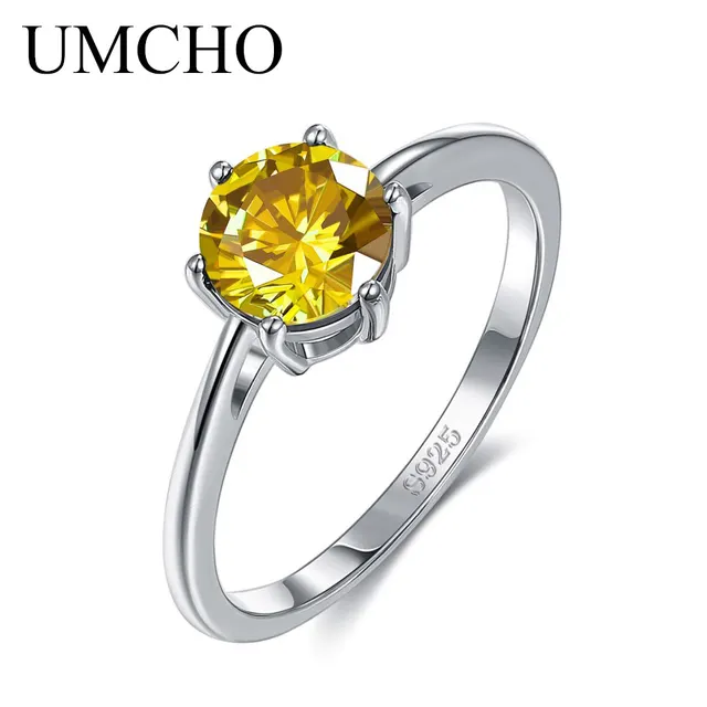 UMCHO Elegant Real 925 Sterling Silver Wedding Rings Zircon Ring for Women Charms Luxury Festival Party Fine Jewelry Female Yellow