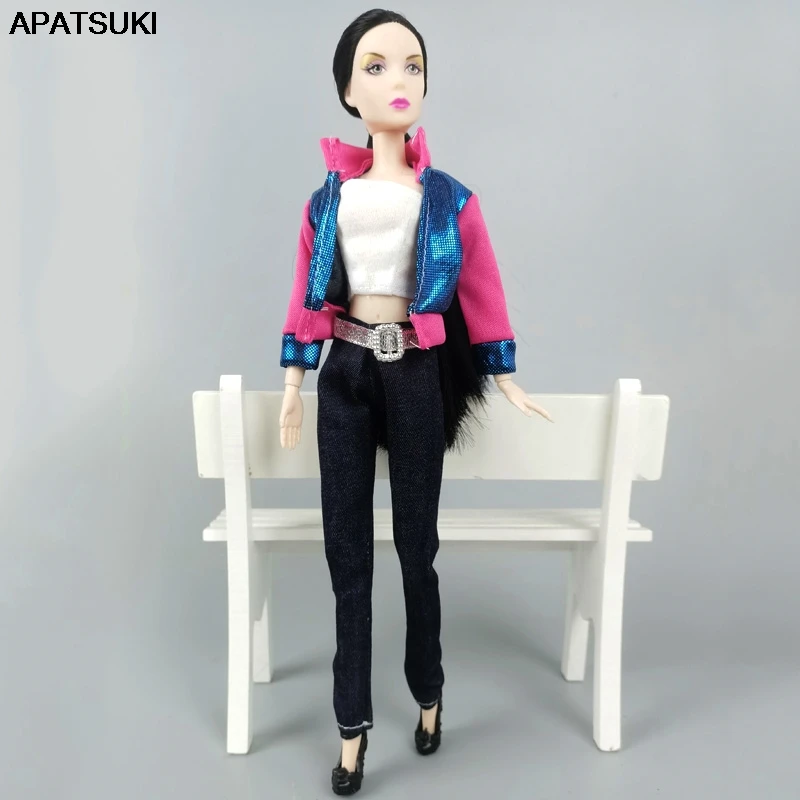 

1Set Fashion Outfits For Barbie Doll Pink Blue Coat Jeans Pants Short Top Handmade Clothes For Barbie Dollhouse Accessories