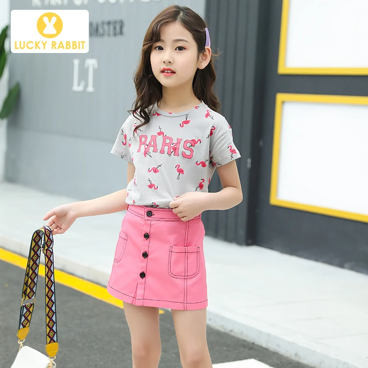 Pink Flamingo Pattern Children'S Little Girl Kids Summer Clothes Suit Pink Girl 2 Piece Clothing Matching Skirt 2Pc Set