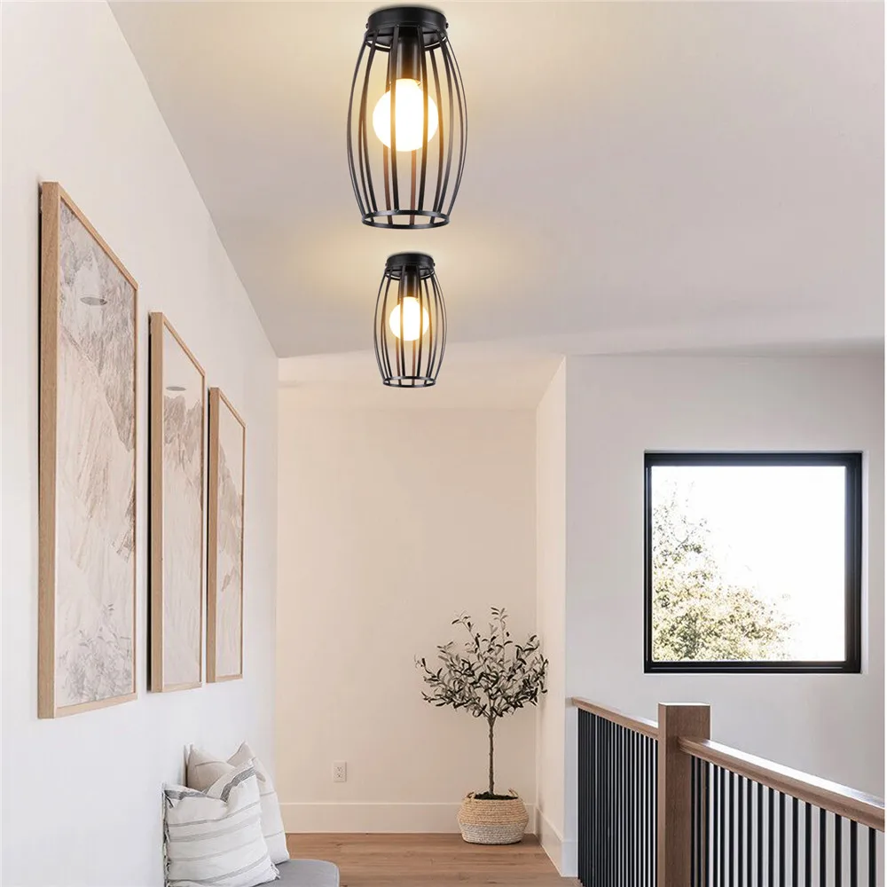 Semi-Flush Mount Ceiling Light Retro Industrial Metal Frame Ceiling Lamps for Porch Hallway Kitchen Bathroom Lighting Fixture