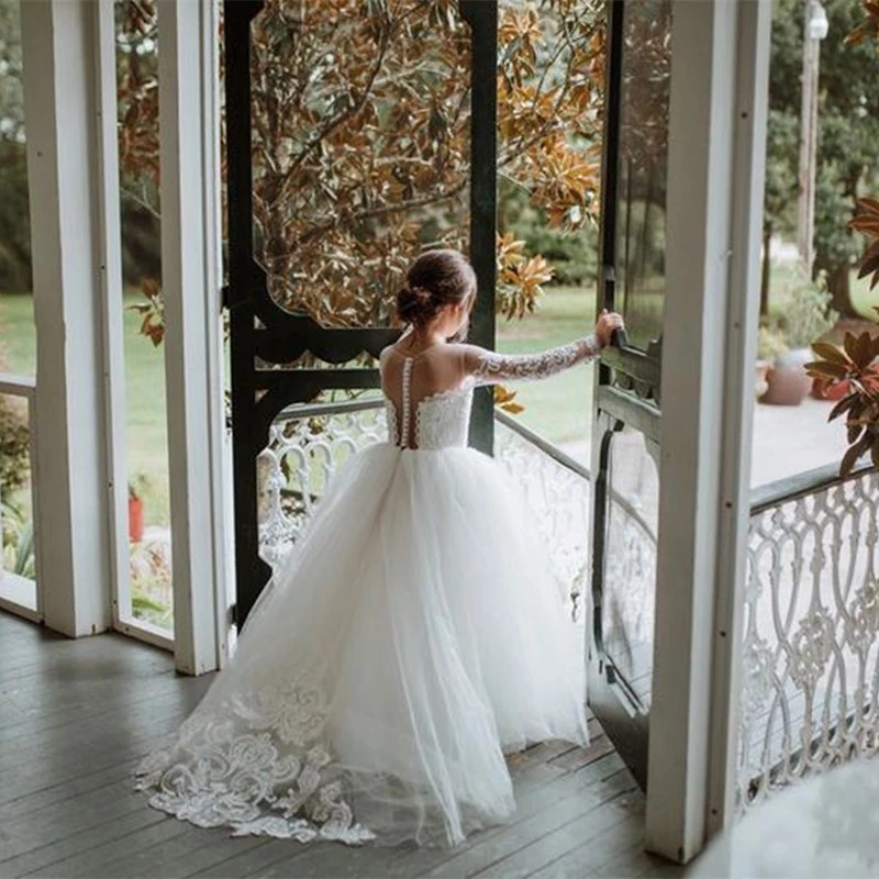 

Sheer Neck Long Sleeves Girl Dress Holy Flower Girl Dress for Wedding