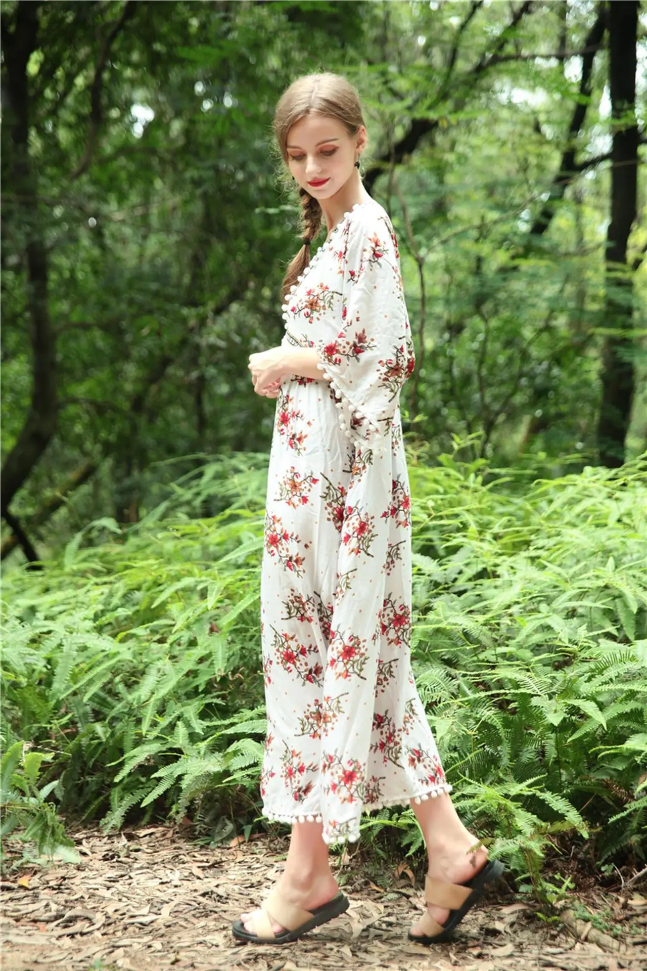 Sexy Pineapple Print Tassels Bohemian Beach Dresses Fashion Loose Holidays Maxi Runway Dress V Neck Flare Sleeve Vestido