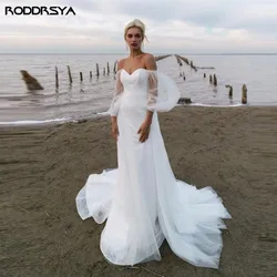 RODDRSYA Sexy Sparkly Sequin A Line Beach Wedding Dresses Puff Long Sleeves Sweetheart Tulle Backless Bride Vestido De Novia