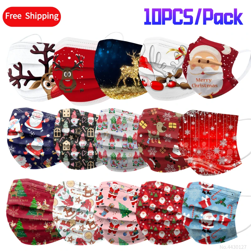 10 шт. одноразовые рождественские маски унисекс с принтом для взрослых 3-слойные
