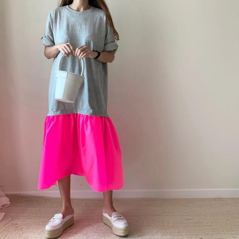 详情 (14).jpg TWOTWINSTYLE Elegant Patchwork Hit Color Dress Women O Neck Half Sleeve Oversize Casual Midi Dresses Female 2020 Summer Clothes