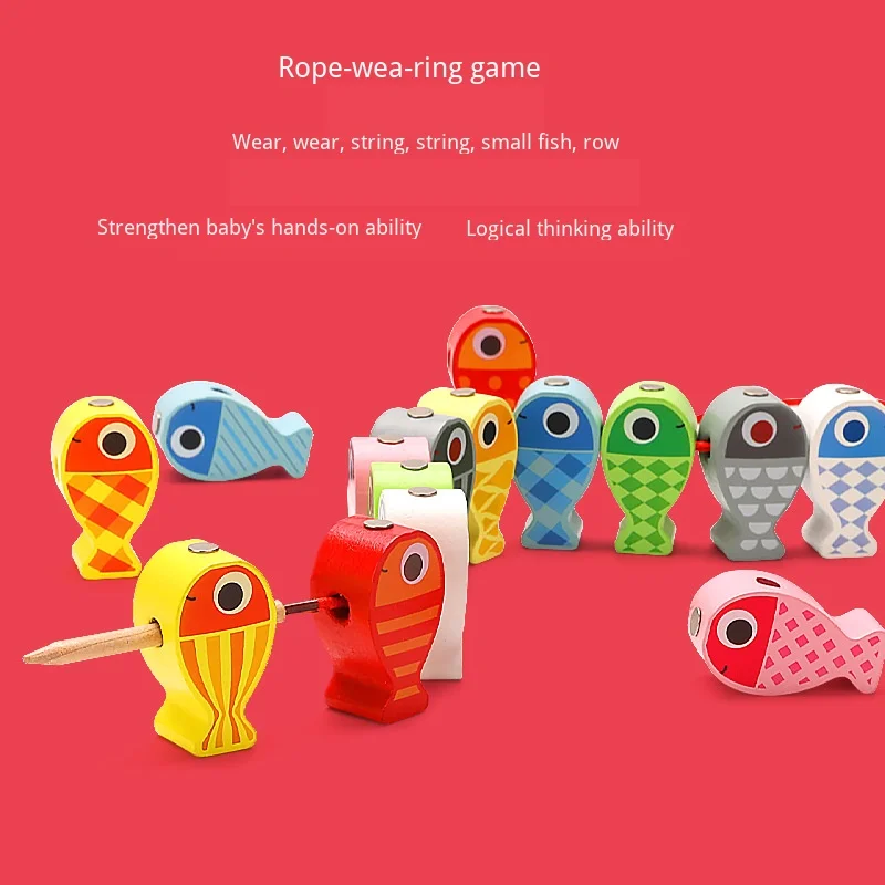 Children's wooden toy bucket three-in-one fishing game beaded balance game puzzle children building blocks toys wholesale