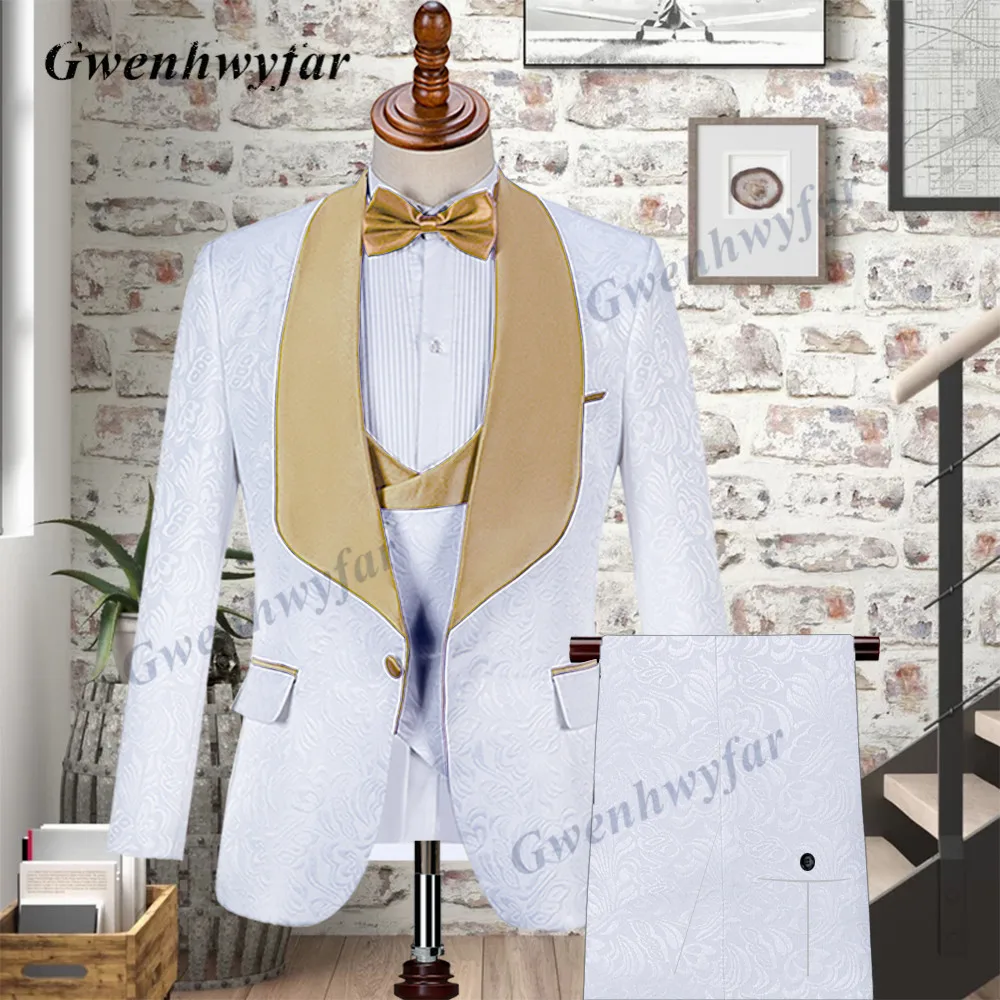 Men Gwenhwyfar Prom Suits Orange Shawl Lapel Slim Fit Wedding Suit Tuxedos Three Pieces Blazers Jacket Vest Pants
