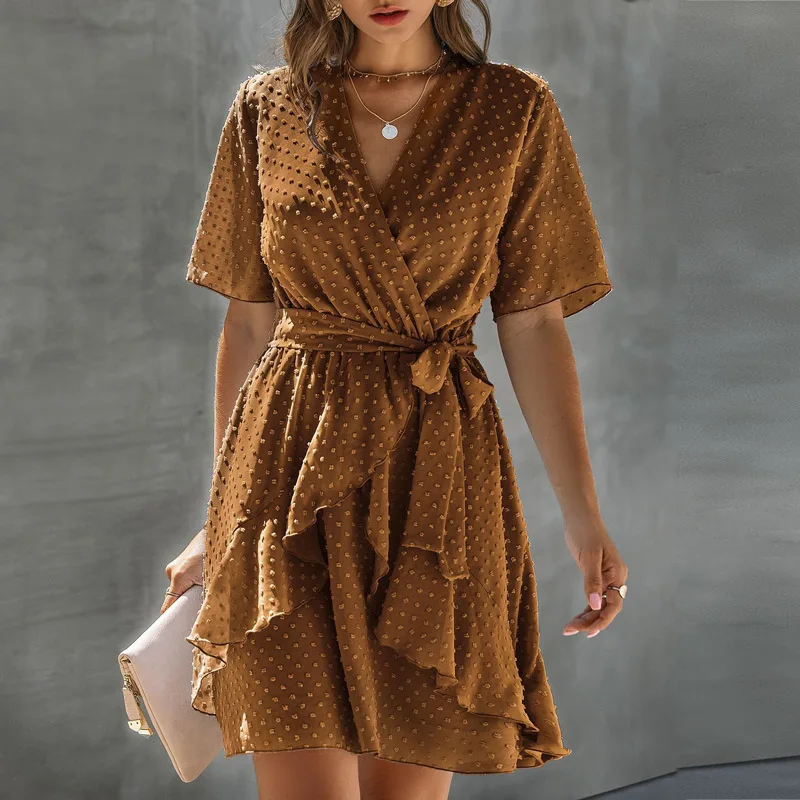 Light Brown Летнее мини-платье с принтом в горошек, женское платье трапециевидной формы с v-образным вырезом и эластичной талией, весенние вечерние платья с коротким рукавом и рюшами для женщин 2XL - Цвет: Light Brown