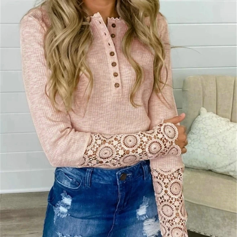 New Women's Solid Color Knitted Top Long-sleeved Round Neck Button-decorated Lace-trimmed Hollow T-shirt Casual Pullover